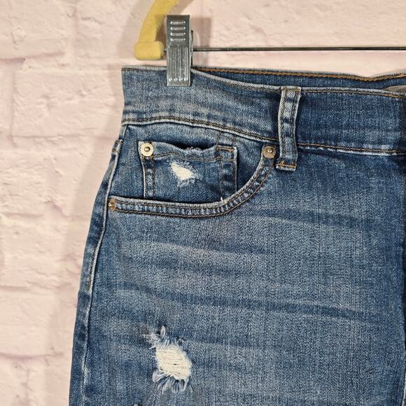 M Just USA Denim Distressed Blue Jean Skirt Womens Size L Frayed Stretch Mini - Picture 3 of 9